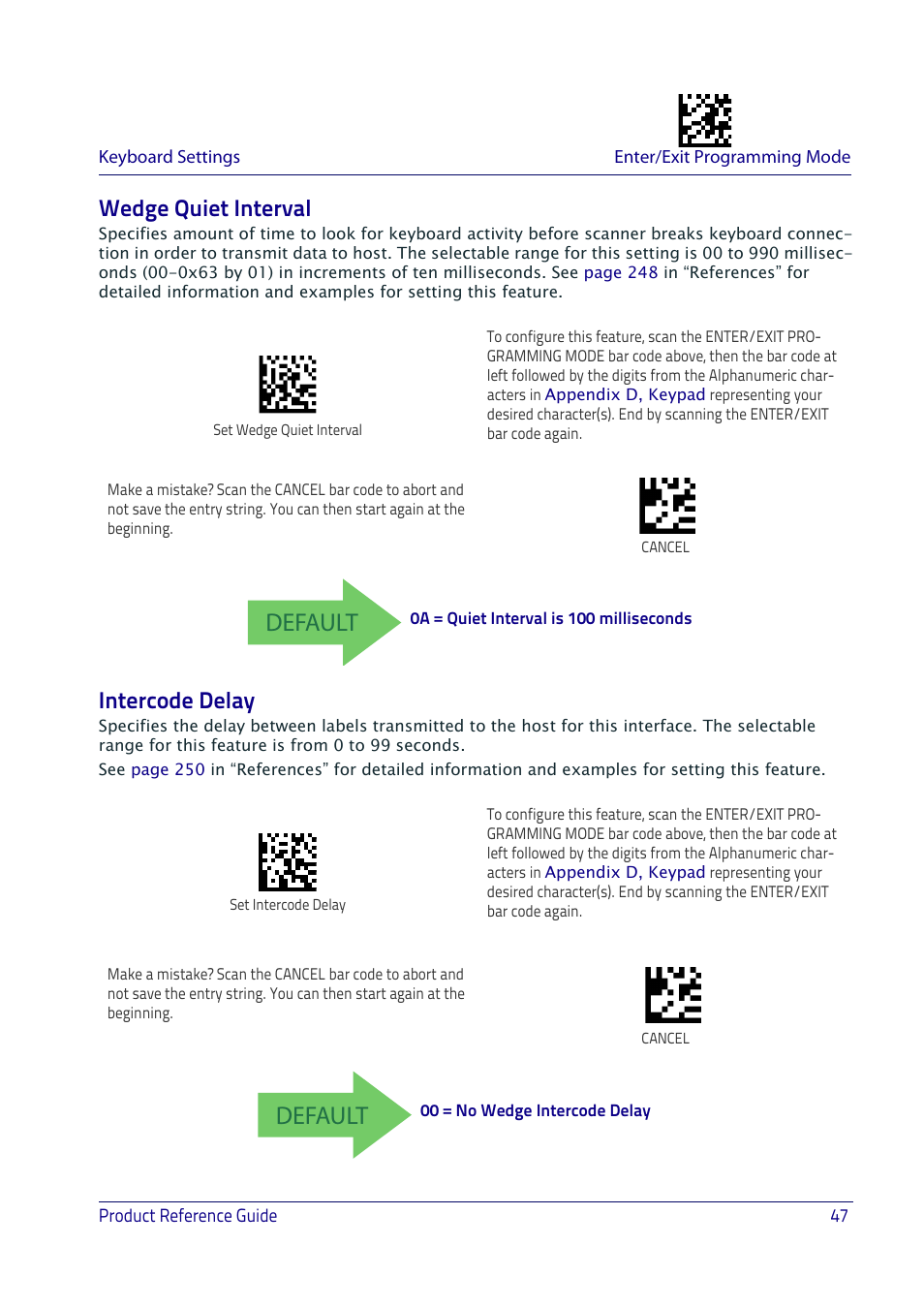 Wedge quiet interval, Intercode delay, Wedge quiet interval intercode delay | Edge, Uiet, Nterval, Ntercode, Elay, Default | Datalogic QuickScan I QD2400 User Manual | Page 57 / 324