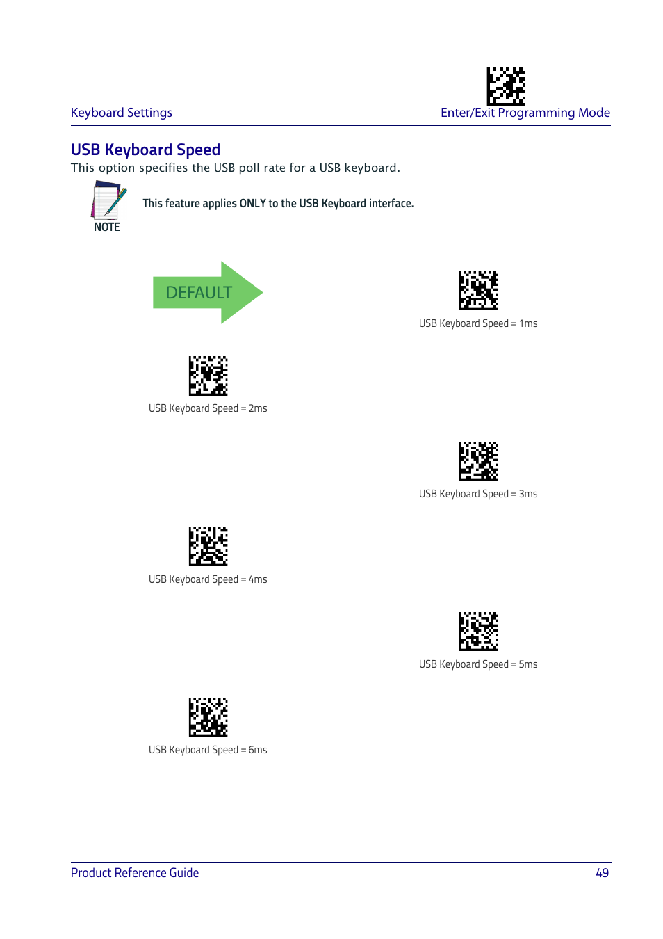 Usb keyboard speed, Usb k, Eyboard | Peed, Default | Datalogic QuickScan I QD2400 User Manual | Page 59 / 324