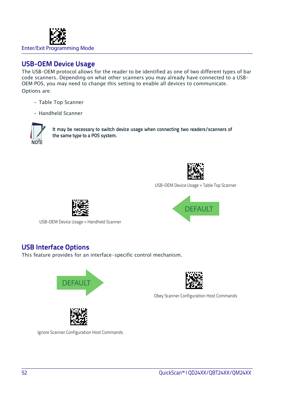 Usb-oem device usage, Usb interface options, Usb-oem device usage usb interface options | Usb-oem d, Evice, Sage, Usb i, Nterface, Ptions, Default | Datalogic QuickScan I QD2400 User Manual | Page 62 / 324