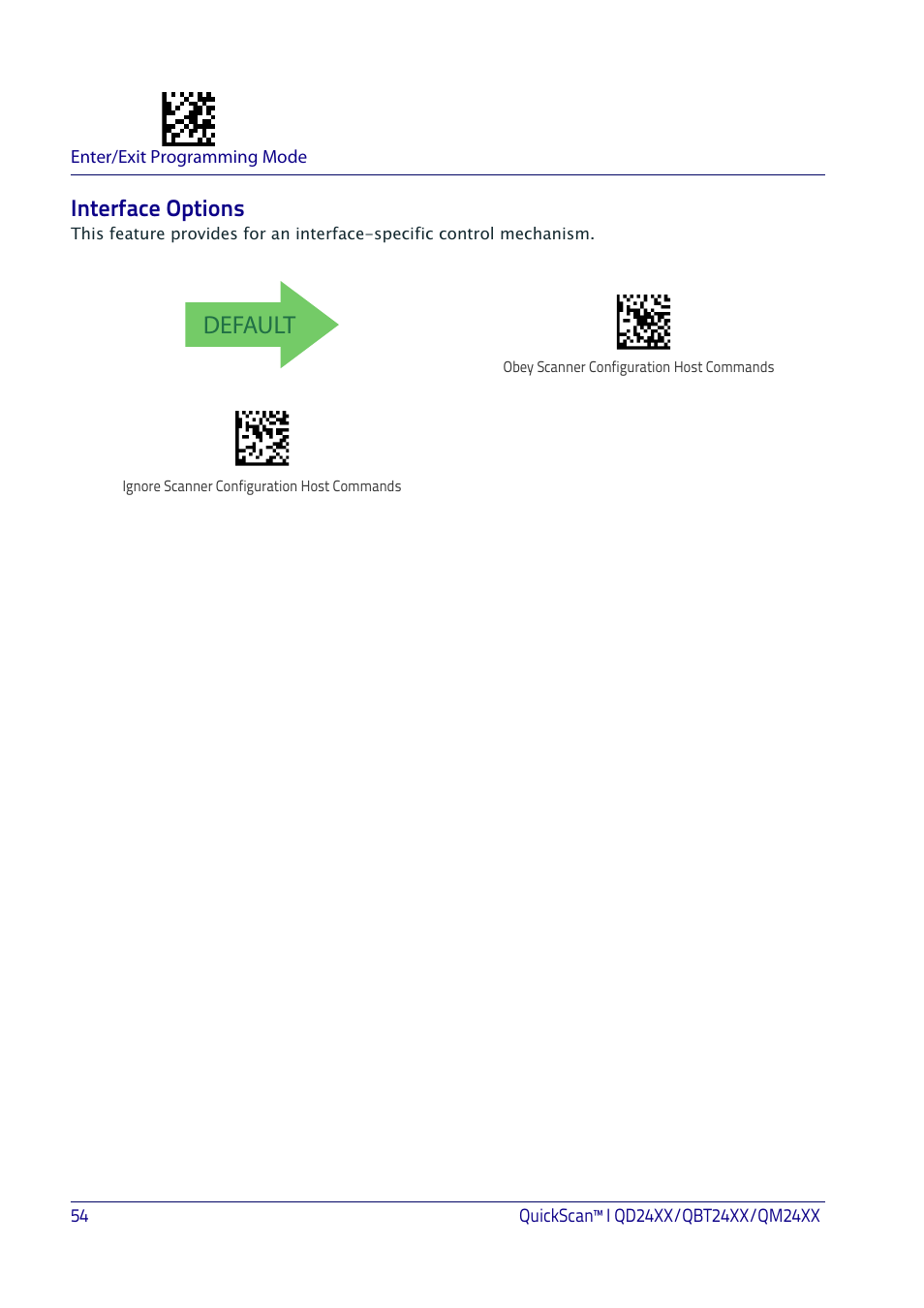 Interface options, Default | Datalogic QuickScan I QD2400 User Manual | Page 64 / 324