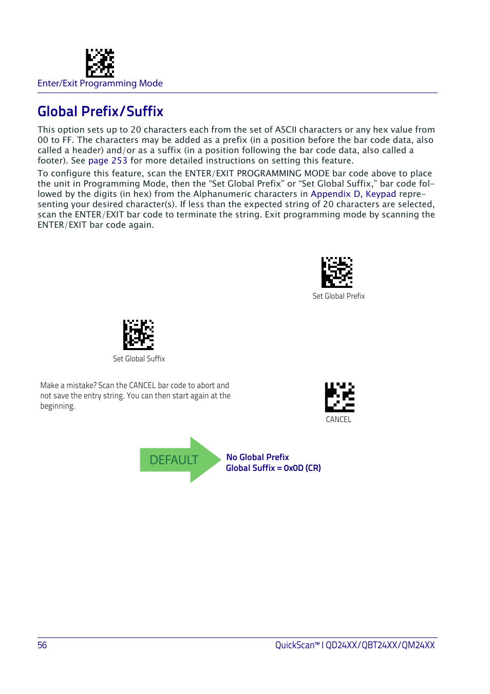 Global prefix/suffix, Lobal, Refix | Uffix, Default | Datalogic QuickScan I QD2400 User Manual | Page 66 / 324