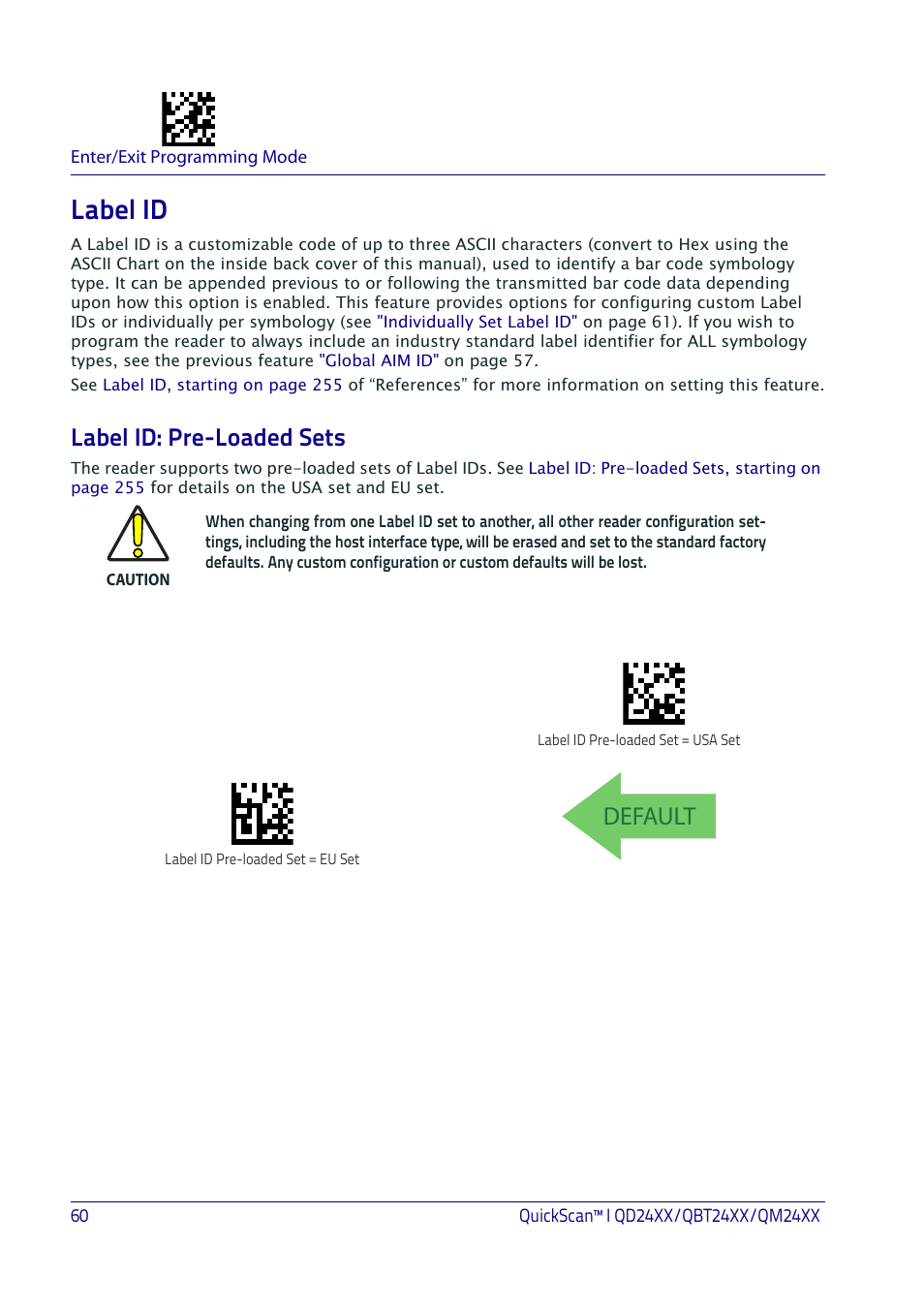 Label id, Label id: pre-loaded sets, Abel | Default | Datalogic QuickScan I QD2400 User Manual | Page 70 / 324