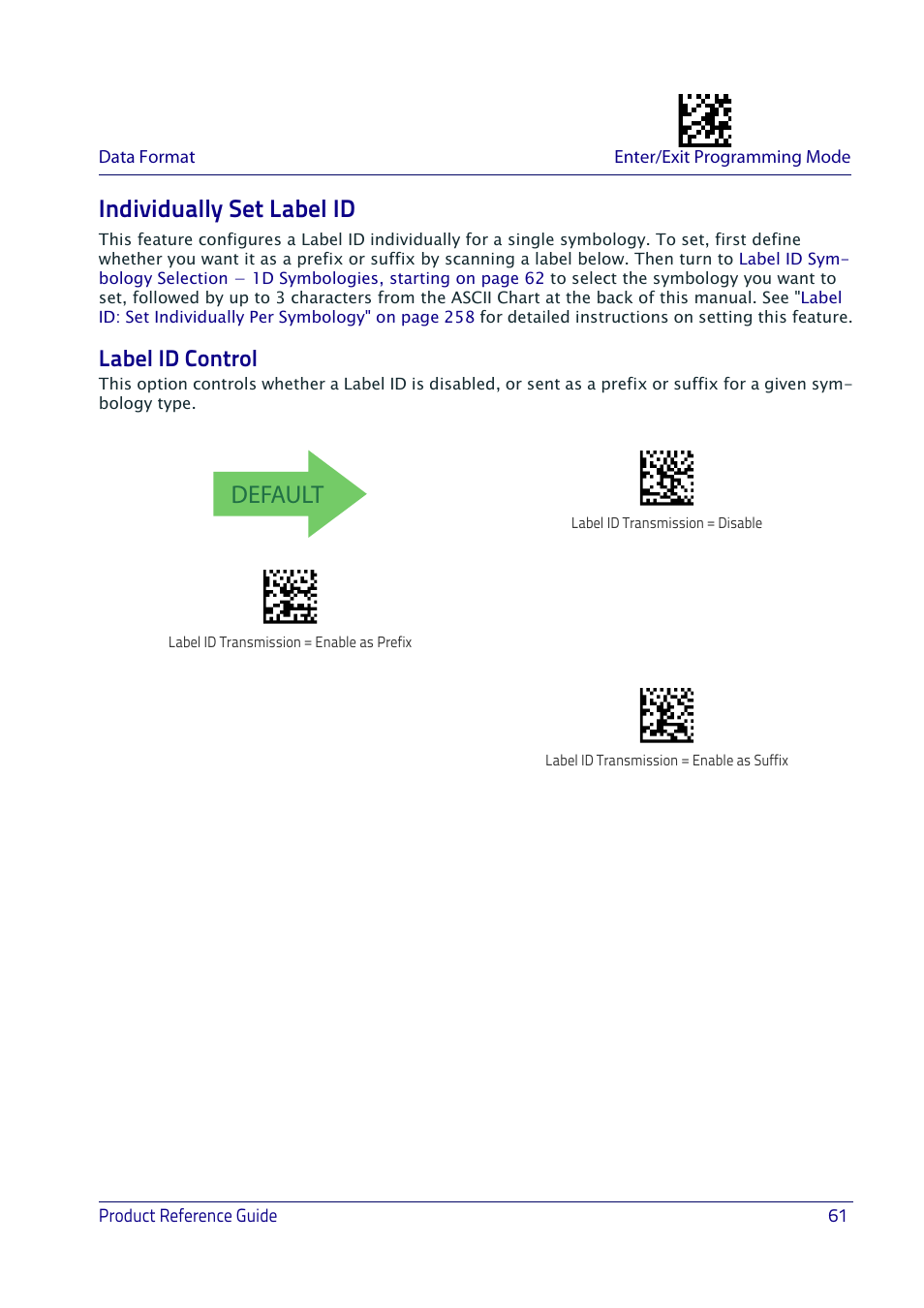 Individually set label id, Label id control, Default | Datalogic QuickScan I QD2400 User Manual | Page 71 / 324