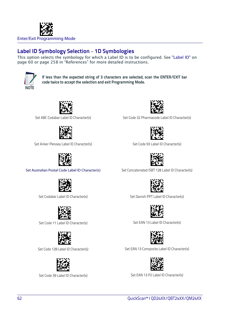 Label id symbology selection − 1d symbologies, Label id symbology selection − 1d symbolo, Label id sym | Label id symbology selection, 1d symbologies | Datalogic QuickScan I QD2400 User Manual | Page 72 / 324