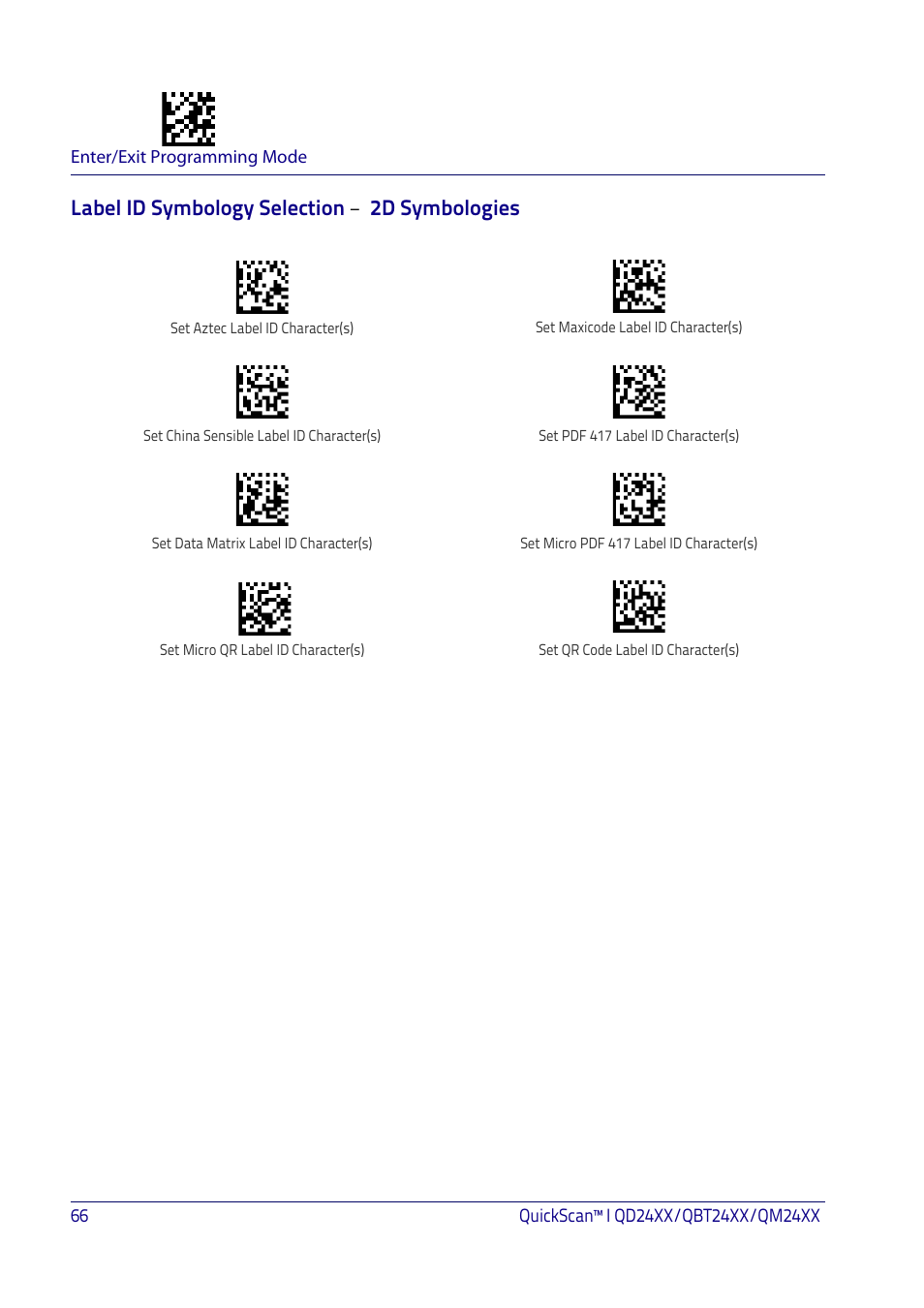 Label id symbology selection − 2d symbolo, Label id symbology selection, 2d symbologies | Datalogic QuickScan I QD2400 User Manual | Page 76 / 324