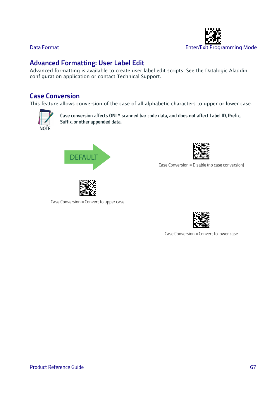 Advanced formatting: user label edit, Case conversion, Onversion | Default | Datalogic QuickScan I QD2400 User Manual | Page 77 / 324