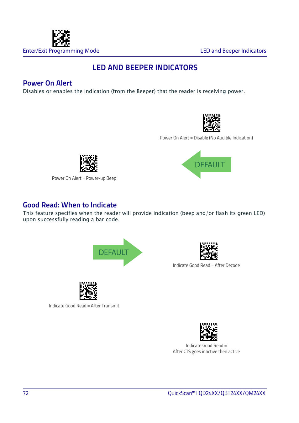 Led and beeper indicators, Power on alert, Good read: when to indicate | Power on alert good read: when to indicate, Eeper, Ndicators, Default | Datalogic QuickScan I QD2400 User Manual | Page 82 / 324