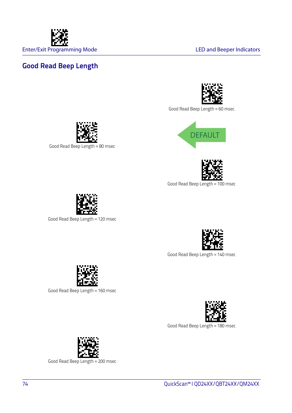 Good read beep length, Default | Datalogic QuickScan I QD2400 User Manual | Page 84 / 324