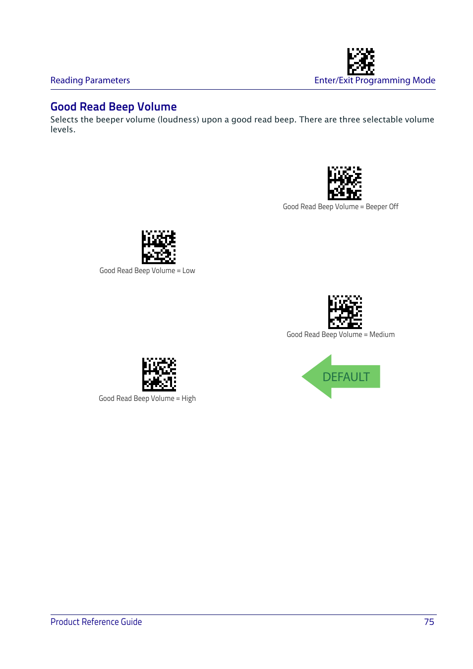 Good read beep volume, Default | Datalogic QuickScan I QD2400 User Manual | Page 85 / 324