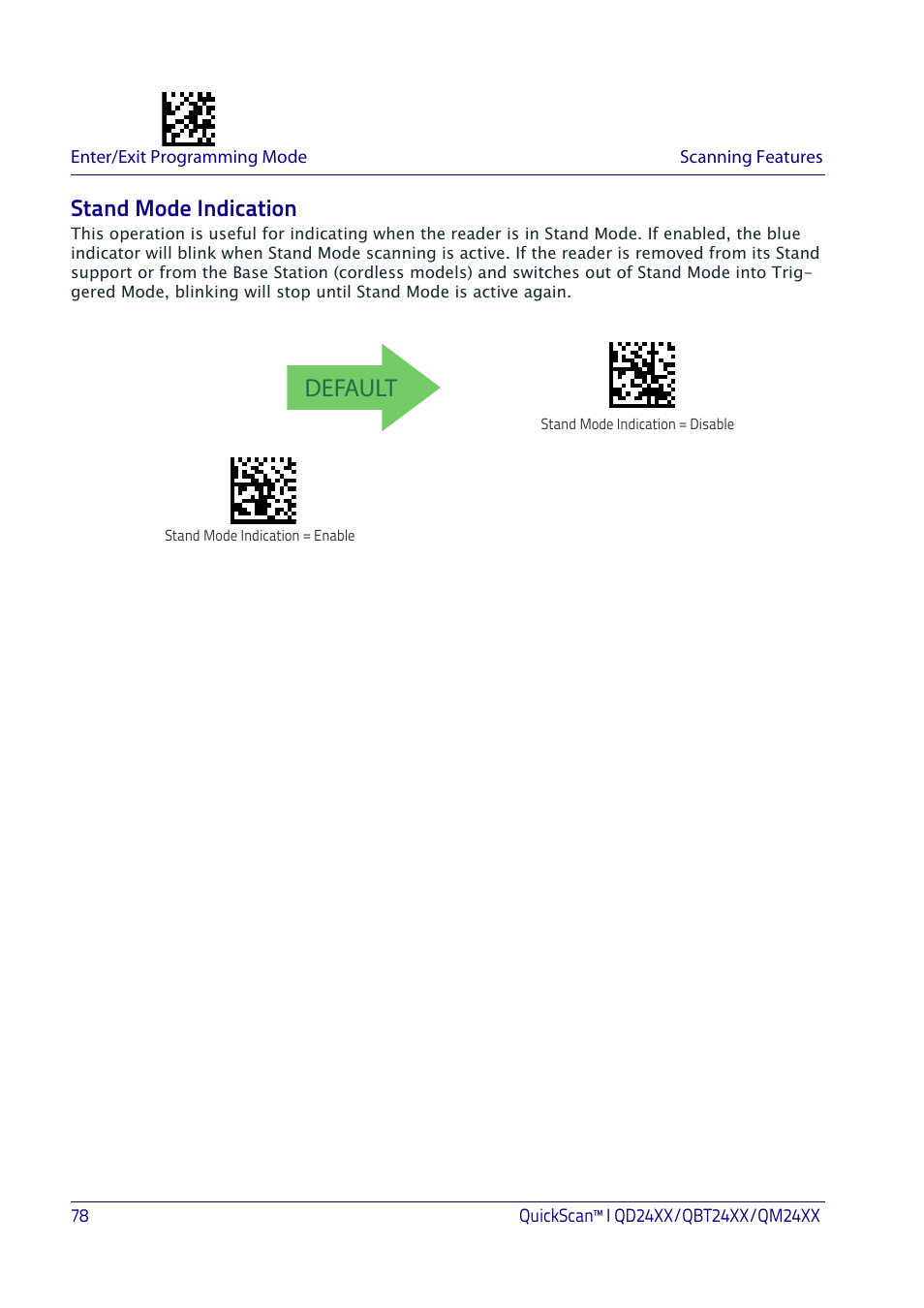 Stand mode indication, Default | Datalogic QuickScan I QD2400 User Manual | Page 88 / 324