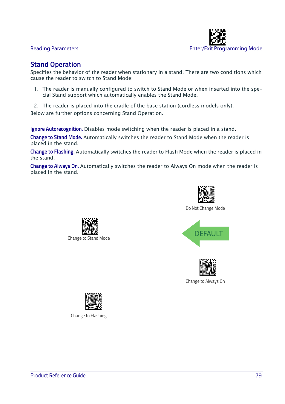 Stand operation, Ture, Default | Datalogic QuickScan I QD2400 User Manual | Page 89 / 324