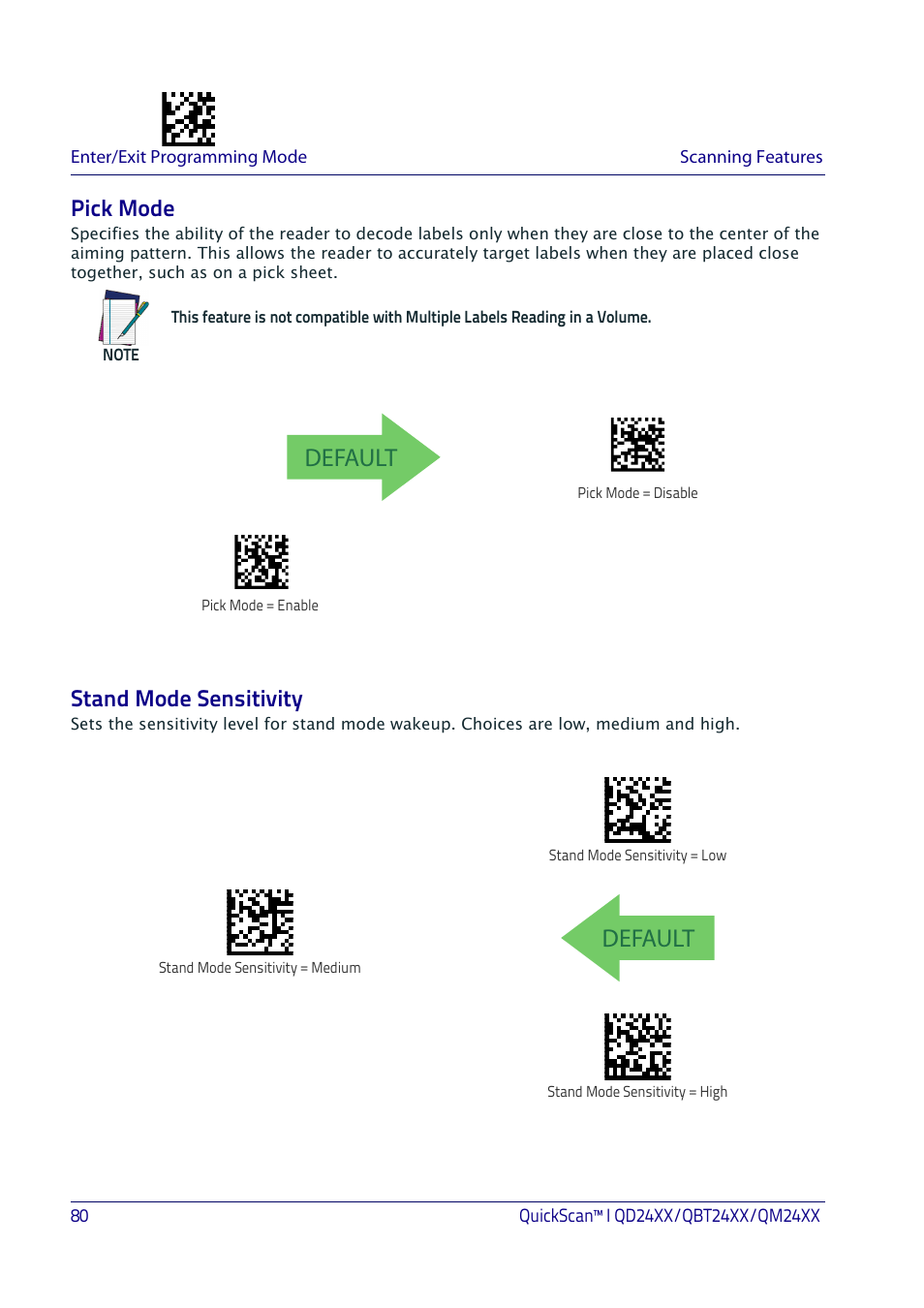 Pick mode, Stand mode sensitivity, Pick mode stand mode sensitivity | Pick, Default | Datalogic QuickScan I QD2400 User Manual | Page 90 / 324