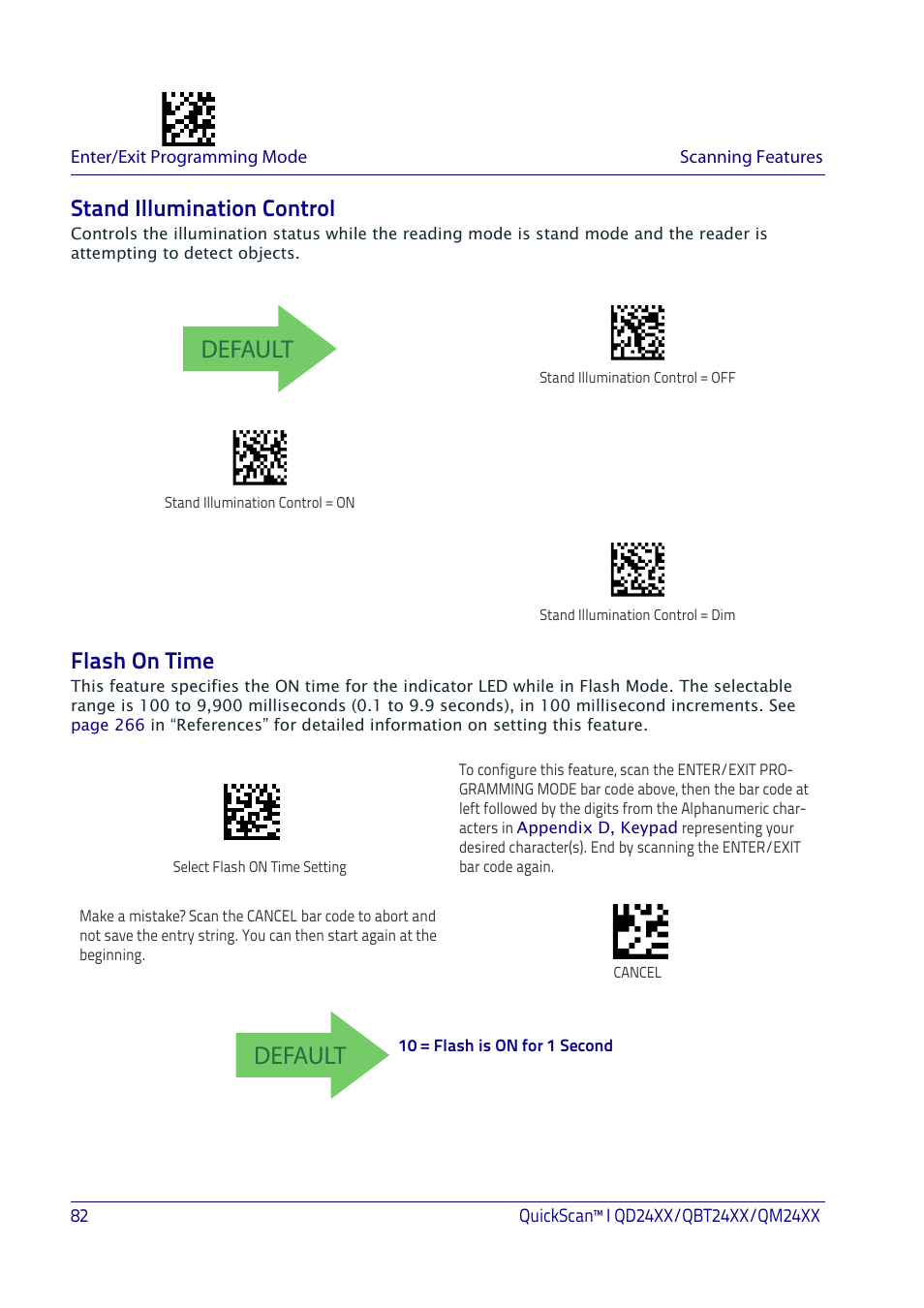 Stand illumination control, Flash on time, Stand illumination control flash on time | Default | Datalogic QuickScan I QD2400 User Manual | Page 92 / 324