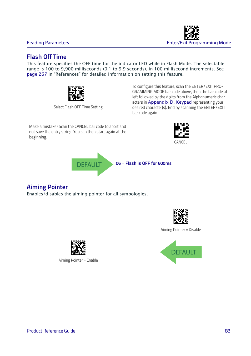 Flash off time, Aiming pointer, Flash off time aiming pointer | Default | Datalogic QuickScan I QD2400 User Manual | Page 93 / 324
