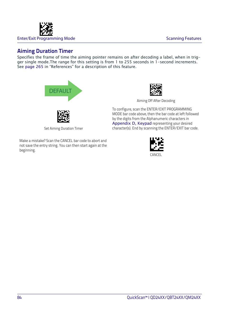 Aiming duration timer, Default | Datalogic QuickScan I QD2400 User Manual | Page 94 / 324