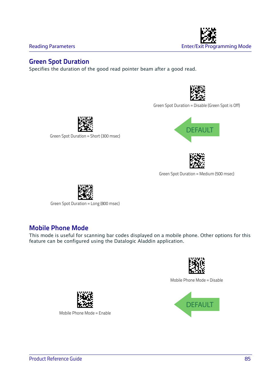 Green spot duration, Mobile phone mode, Green spot duration mobile phone mode | Default | Datalogic QuickScan I QD2400 User Manual | Page 95 / 324