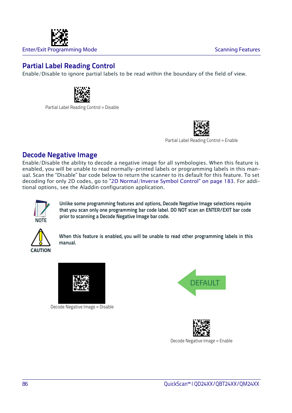 Partial label reading control, Decode negative image, Default | Datalogic QuickScan I QD2400 User Manual | Page 96 / 324