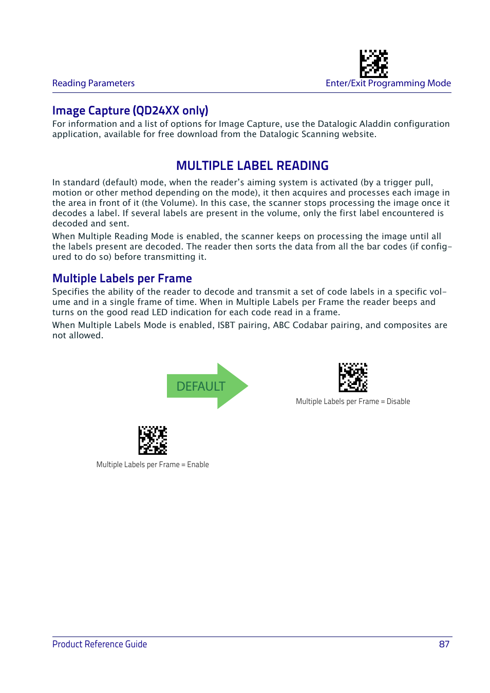 Image capture (qd24xx only), Multiple label reading, Multiple labels per frame | Ultiple, Abel, Eading, Default | Datalogic QuickScan I QD2400 User Manual | Page 97 / 324