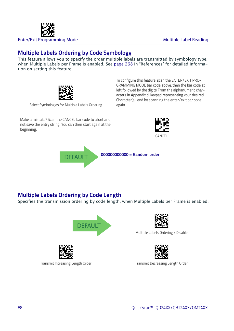 Multiple labels ordering by code symbology, Multiple labels ordering by code length, Default | Datalogic QuickScan I QD2400 User Manual | Page 98 / 324