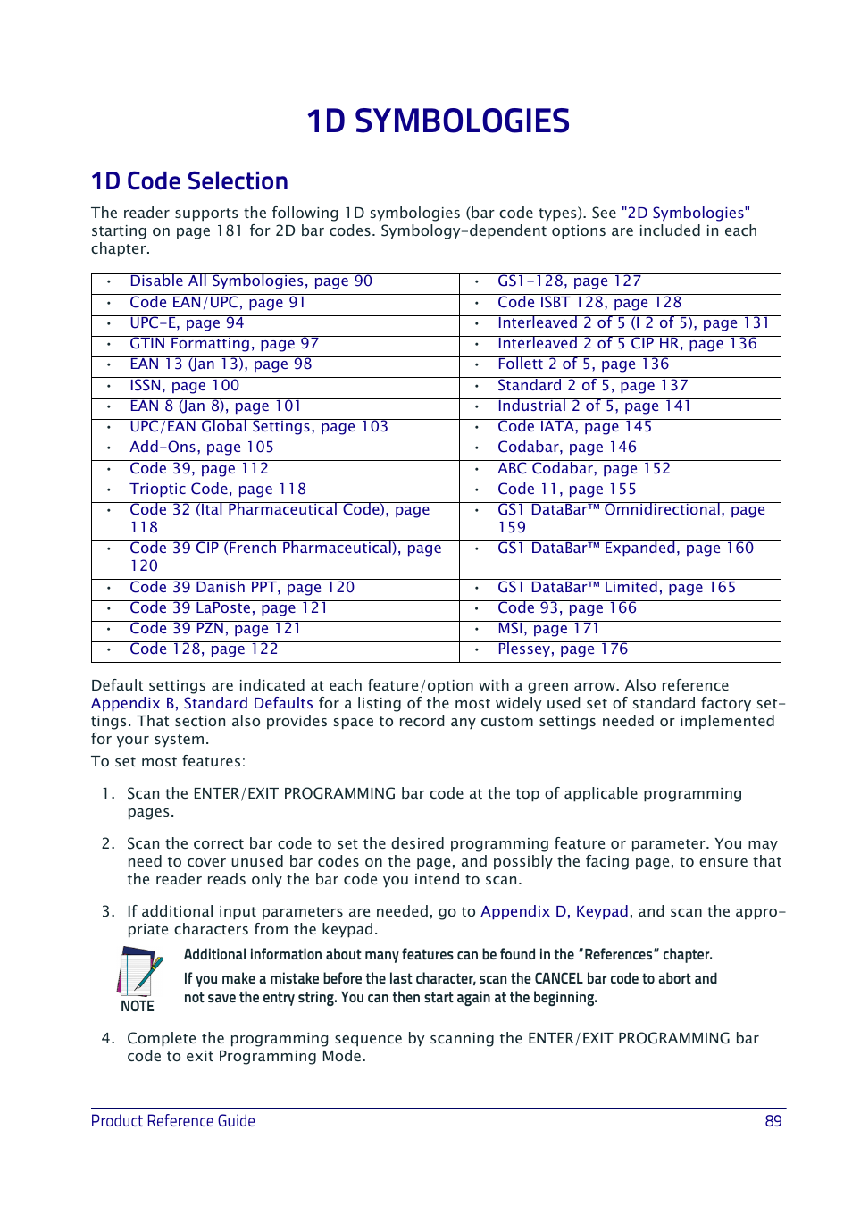 1d symbologies, 1d code selection | Datalogic QuickScan I QD2400 User Manual | Page 99 / 324