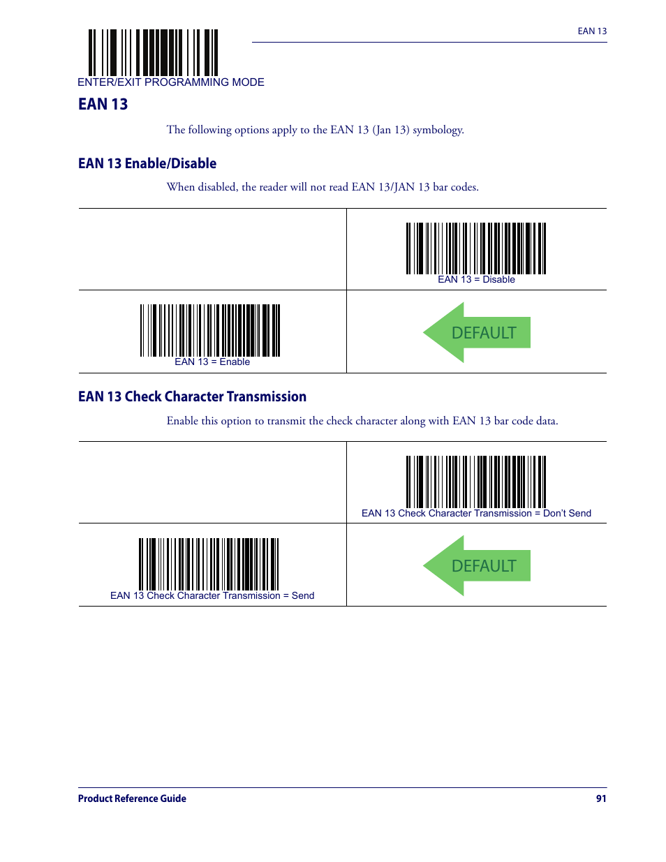 Ean 13, Default, Ean 13 enable/disable | Ean 13 check character transmission | Datalogic QuickScan Lite QW2100 User Manual | Page 101 / 324