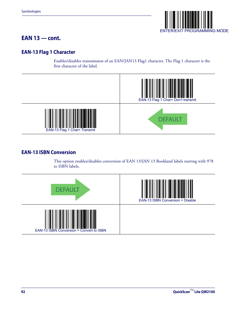 Ean-13 flag 1 character ean-13 isbn conversion, Default, Ean 13 — cont | Ean-13 flag 1 character, Ean-13 isbn conversion | Datalogic QuickScan Lite QW2100 User Manual | Page 102 / 324