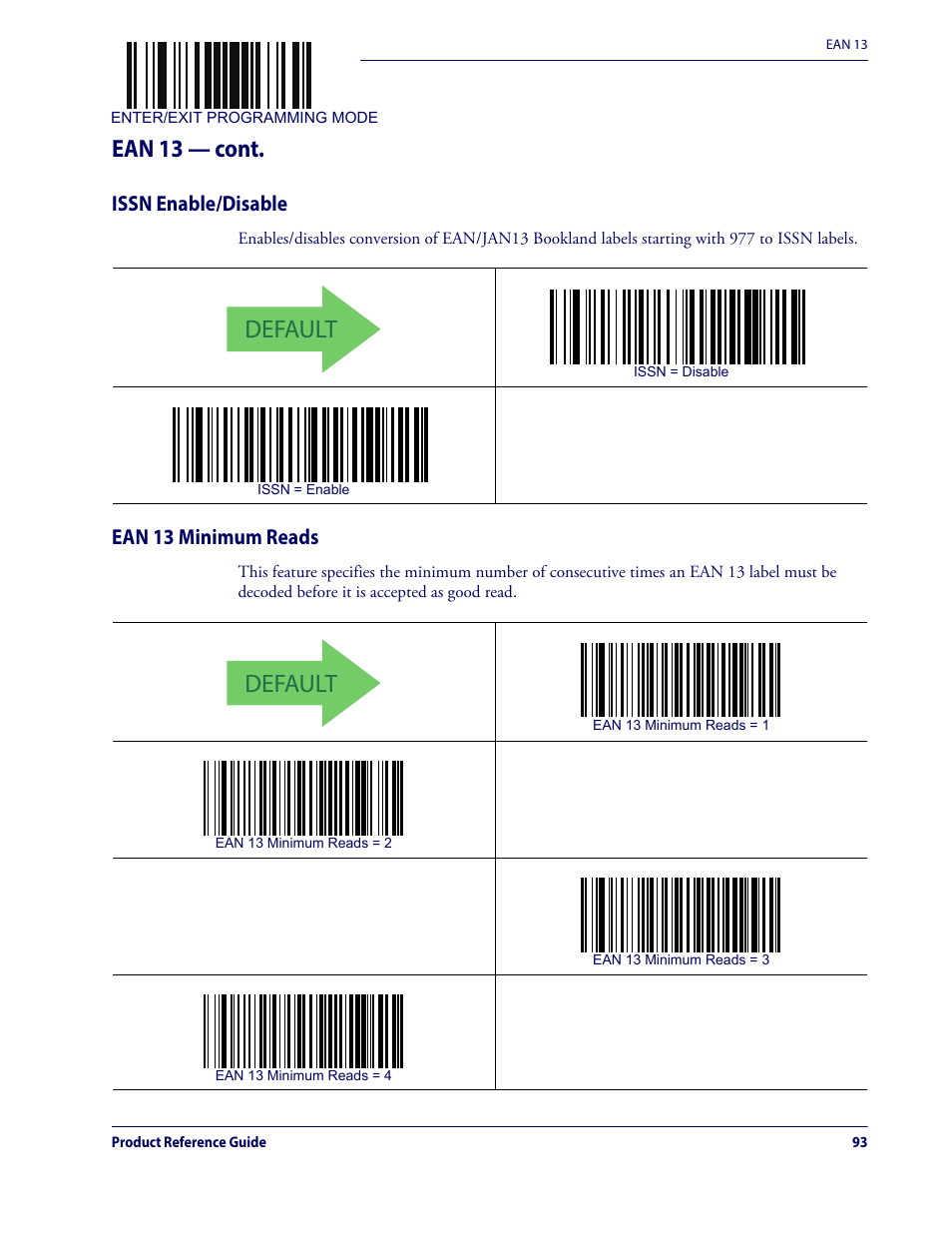 Issn enable/disable ean 13 minimum reads, Default, Ean 13 — cont | Issn enable/disable, Ean 13 minimum reads | Datalogic QuickScan Lite QW2100 User Manual | Page 103 / 324