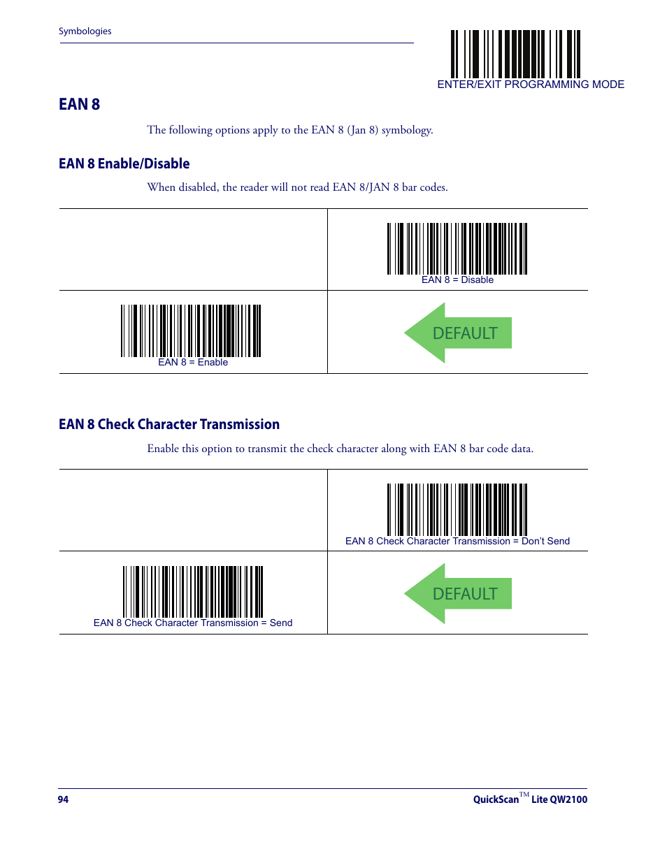 Ean 8, Default, Ean 8 enable/disable | Ean 8 check character transmission | Datalogic QuickScan Lite QW2100 User Manual | Page 104 / 324