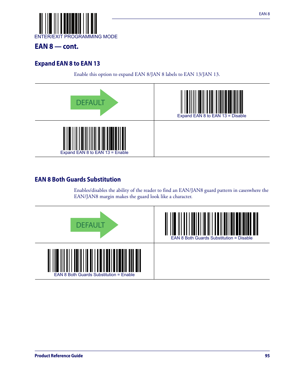 Default, Ean 8 — cont, Expand ean 8 to ean 13 | Ean 8 both guards substitution | Datalogic QuickScan Lite QW2100 User Manual | Page 105 / 324