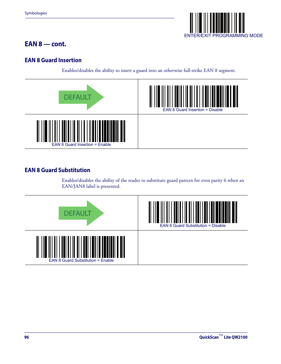 Ean 8 guard insertion ean 8 guard substitution, Default, Ean 8 — cont | Ean 8 guard insertion, Ean 8 guard substitution | Datalogic QuickScan Lite QW2100 User Manual | Page 106 / 324