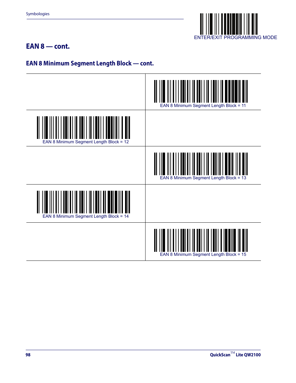 Ean 8 — cont, Ean 8 minimum segment length block — cont | Datalogic QuickScan Lite QW2100 User Manual | Page 108 / 324