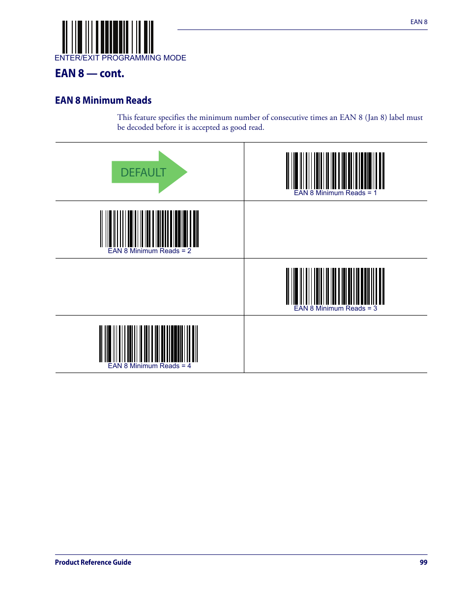 Ean 8 minimum reads, Default, Ean 8 — cont | Datalogic QuickScan Lite QW2100 User Manual | Page 109 / 324