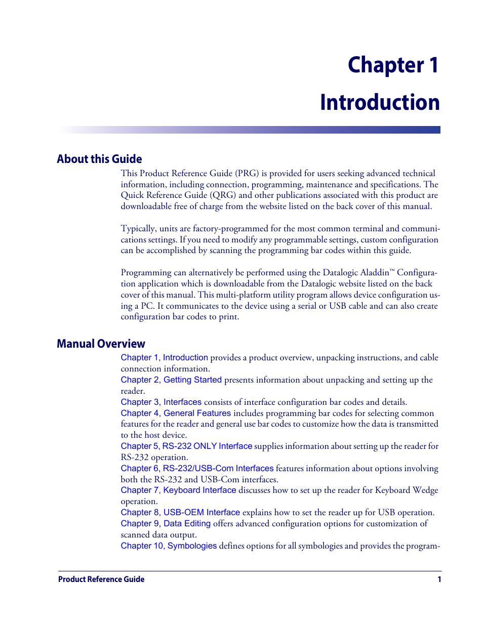 Chapter 1. introduction, About this guide manual overview, Chapter 1 introduction | About this guide, Manual overview | Datalogic QuickScan Lite QW2100 User Manual | Page 11 / 324