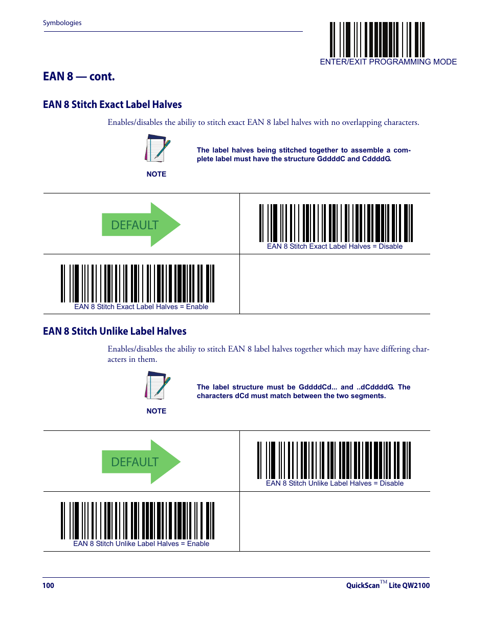 Default, Ean 8 — cont, Ean 8 stitch exact label halves | Ean 8 stitch unlike label halves | Datalogic QuickScan Lite QW2100 User Manual | Page 110 / 324