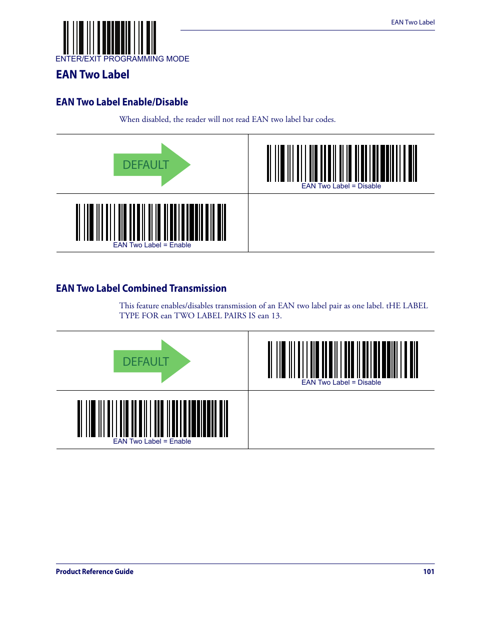 Ean two label, Default, Ean two label enable/disable | Ean two label combined transmission | Datalogic QuickScan Lite QW2100 User Manual | Page 111 / 324