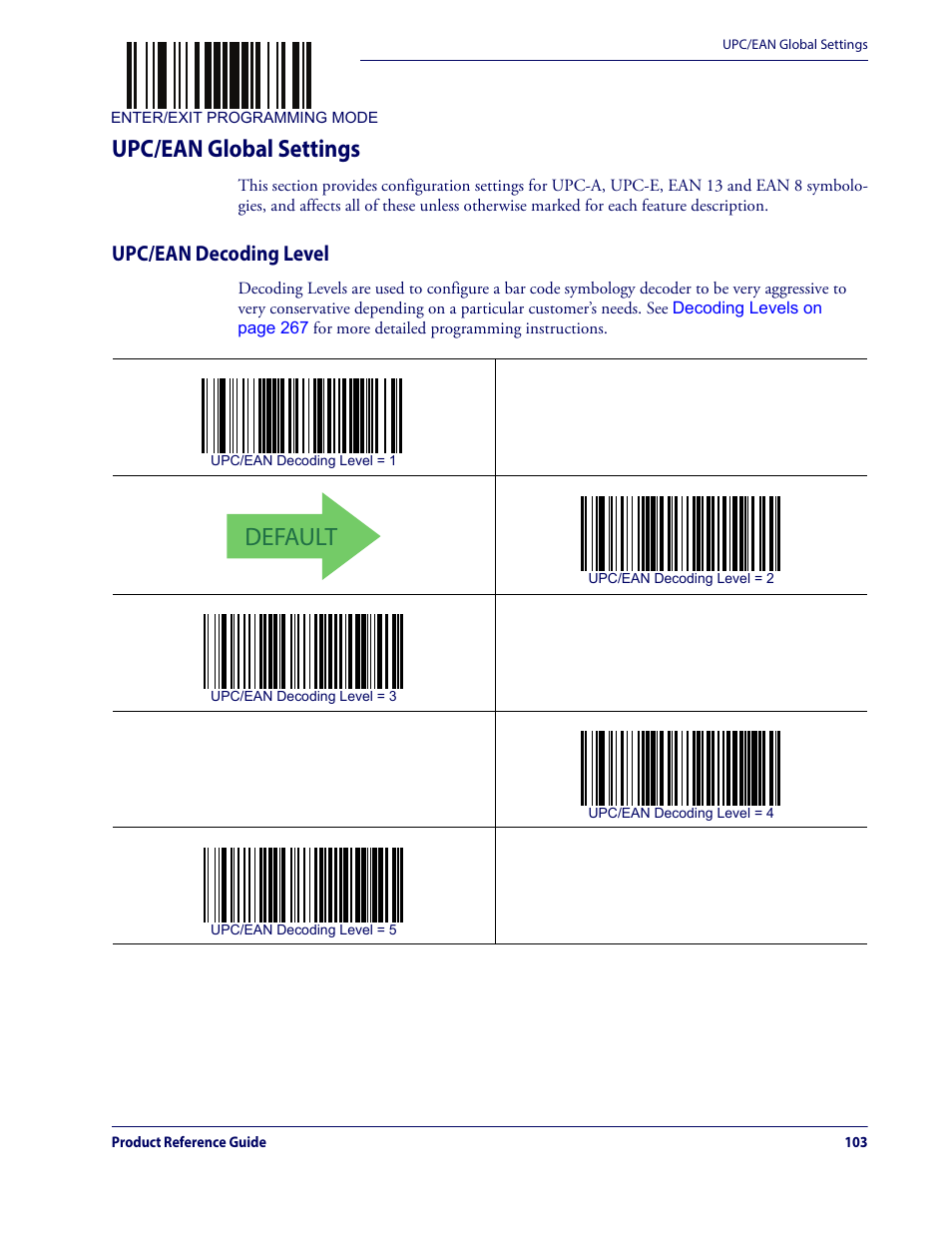 Upc/ean global settings, Upc/ean decoding level, Default | Datalogic QuickScan Lite QW2100 User Manual | Page 113 / 324