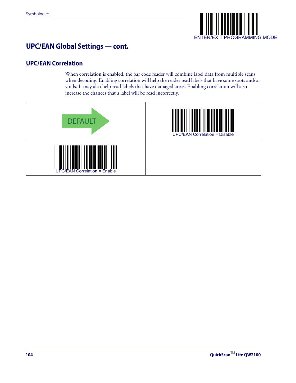 Upc/ean correlation, Default, Upc/ean global settings — cont | Datalogic QuickScan Lite QW2100 User Manual | Page 114 / 324
