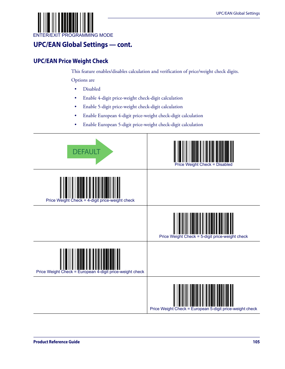 Upc/ean price weight check, Default, Upc/ean global settings — cont | Datalogic QuickScan Lite QW2100 User Manual | Page 115 / 324