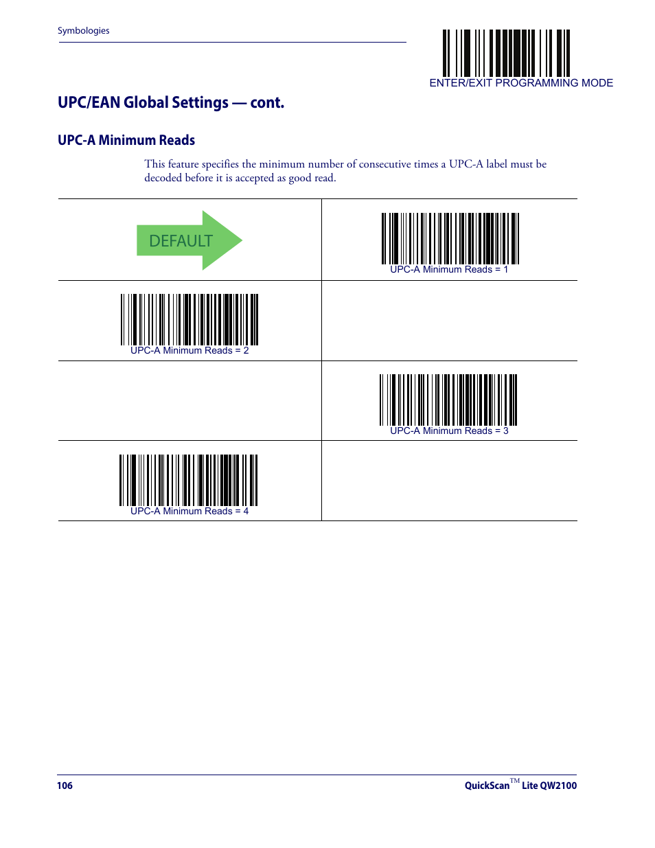 Upc-a minimum reads, Default, Upc/ean global settings — cont | Datalogic QuickScan Lite QW2100 User Manual | Page 116 / 324