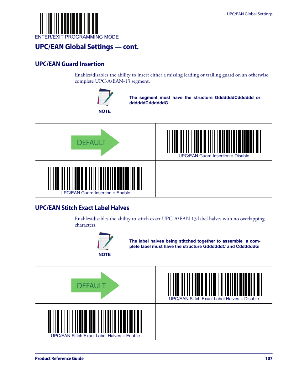 Default, Upc/ean global settings — cont, Upc/ean guard insertion | Upc/ean stitch exact label halves | Datalogic QuickScan Lite QW2100 User Manual | Page 117 / 324