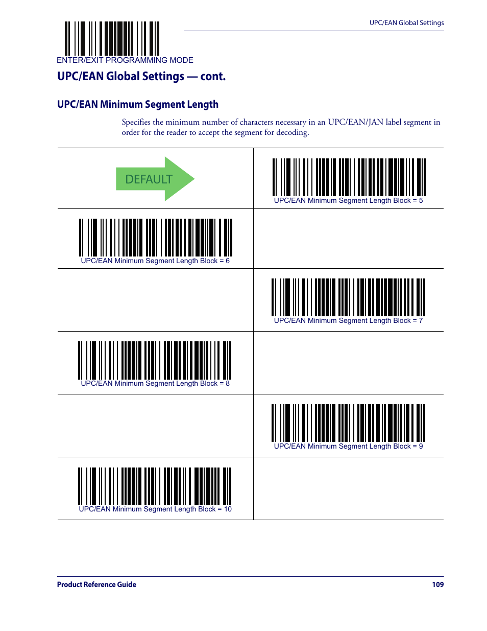 Upc/ean minimum segment length, Default, Upc/ean global settings — cont | Datalogic QuickScan Lite QW2100 User Manual | Page 119 / 324