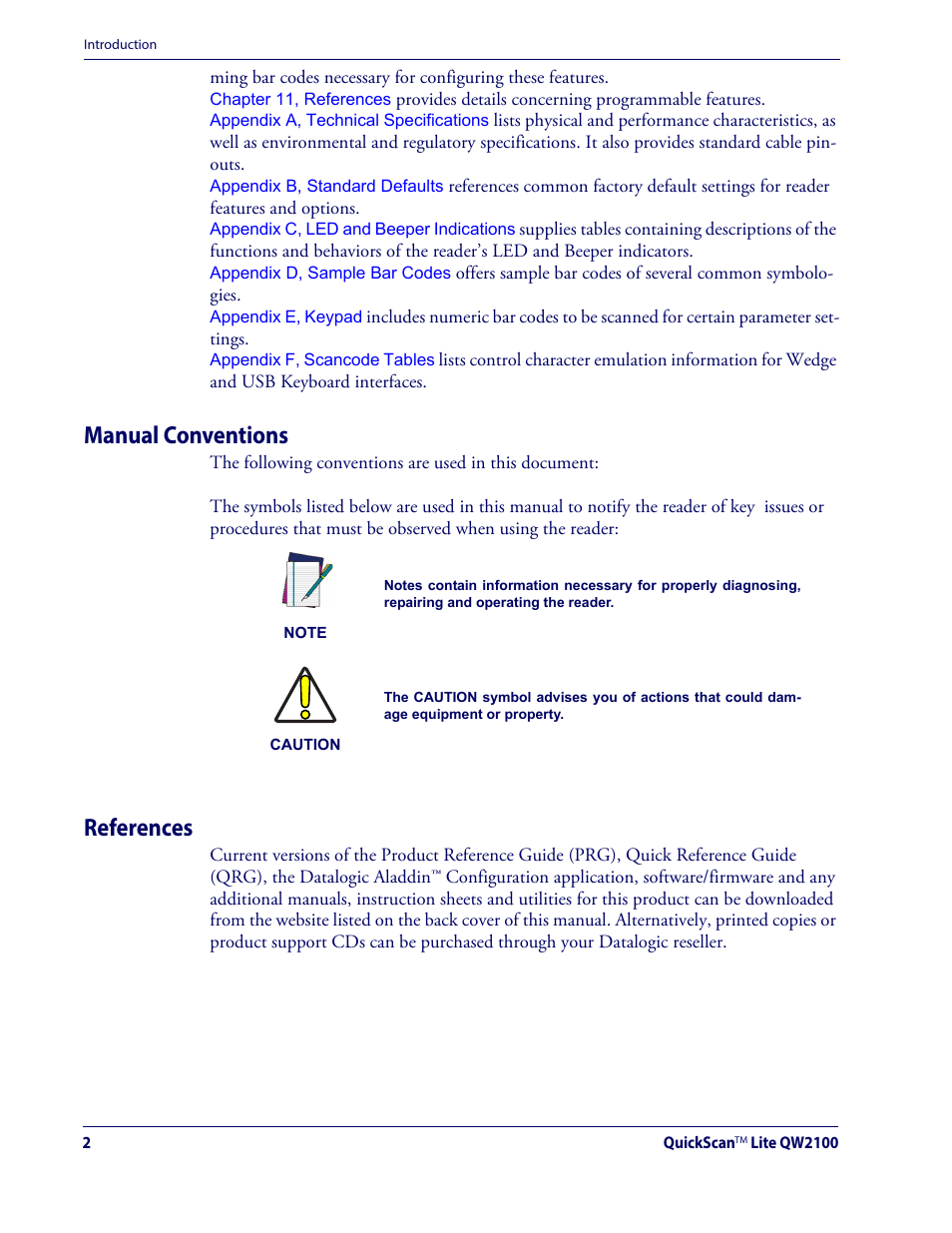 Manual conventions references, Manual conventions, References | Datalogic QuickScan Lite QW2100 User Manual | Page 12 / 324