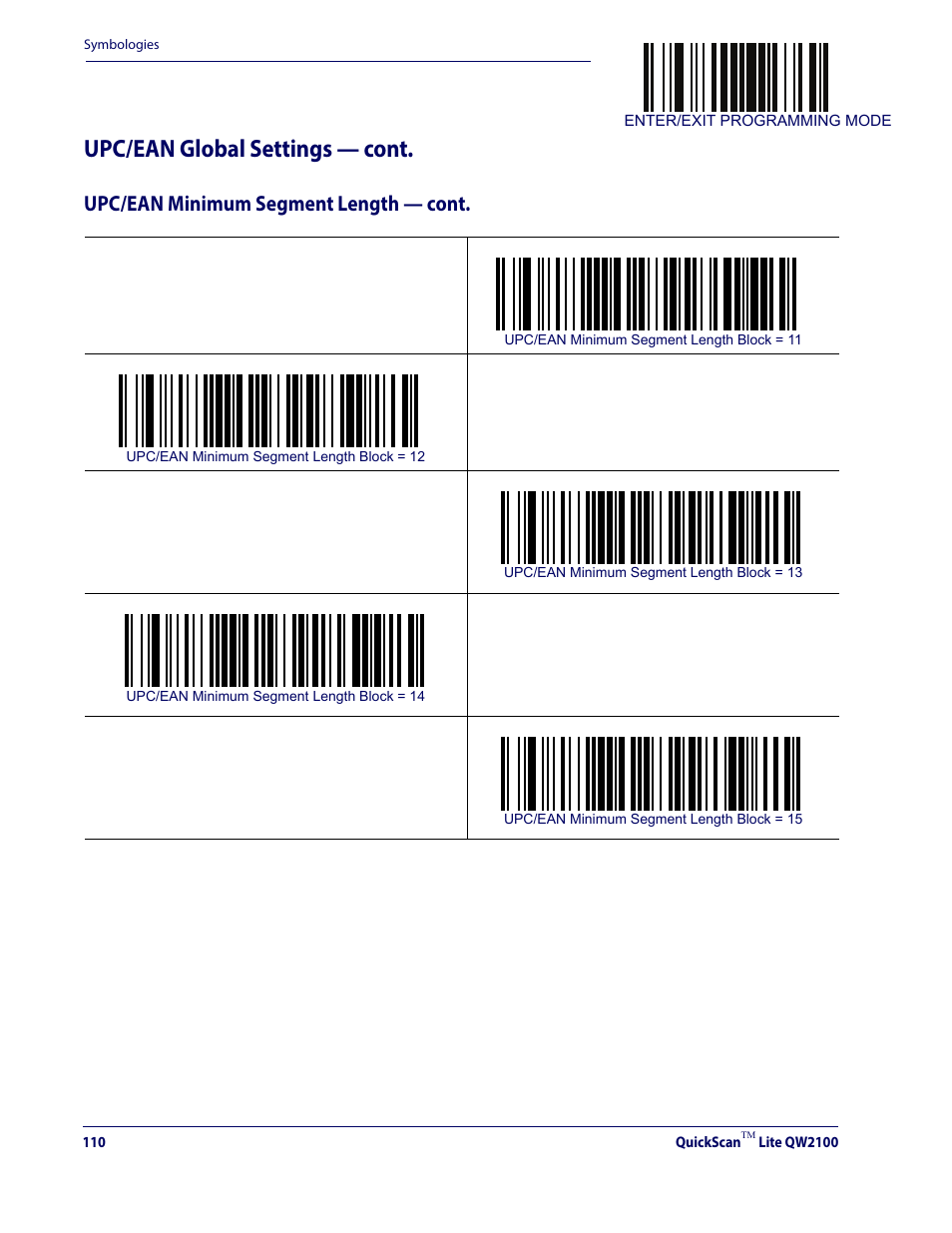 Upc/ean global settings — cont, Upc/ean minimum segment length — cont | Datalogic QuickScan Lite QW2100 User Manual | Page 120 / 324