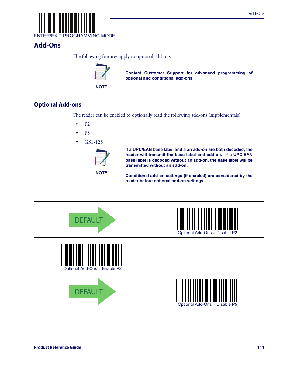 Add-ons, Optional add-ons, Default | Datalogic QuickScan Lite QW2100 User Manual | Page 121 / 324