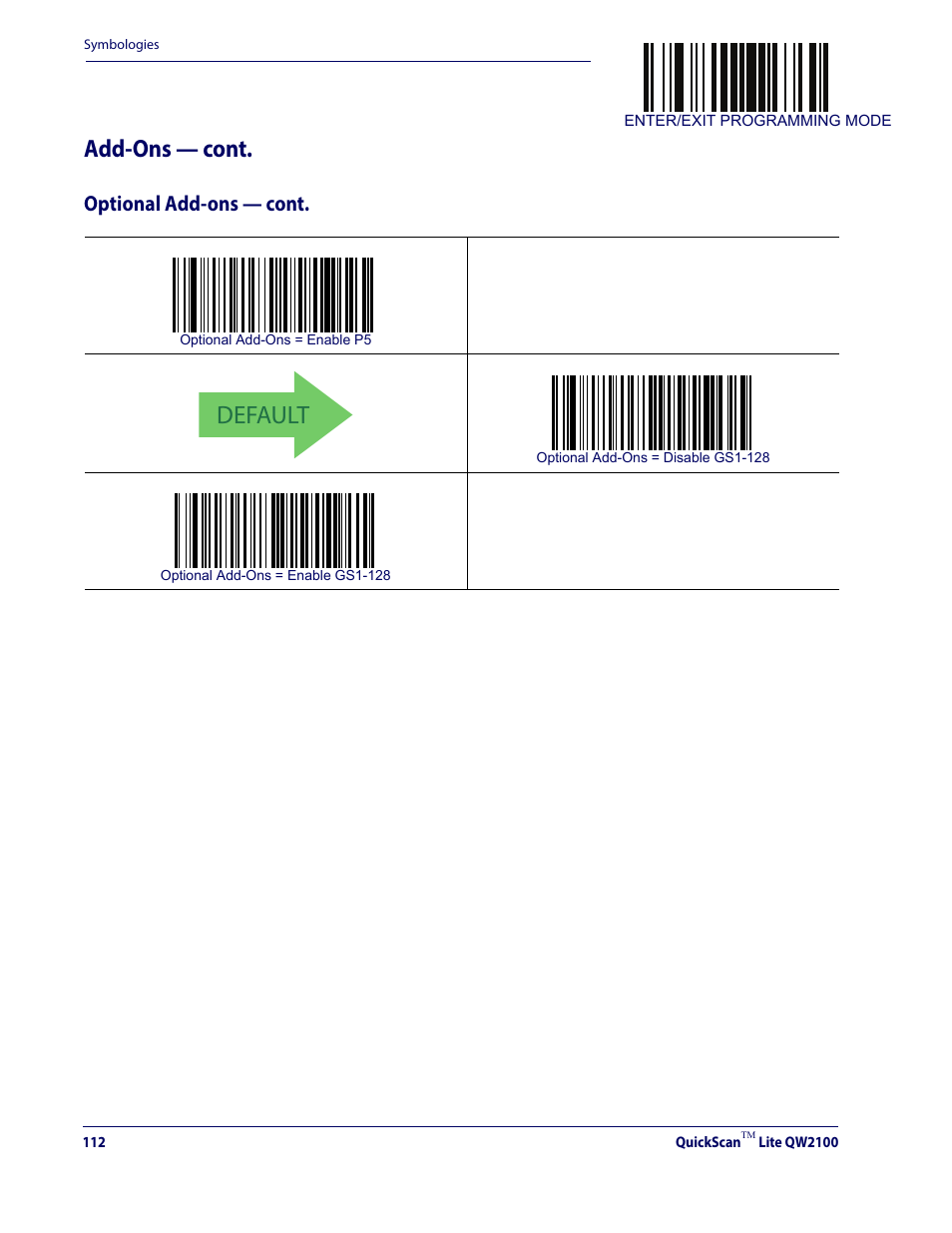 Default, Add-ons — cont, Optional add-ons — cont | Datalogic QuickScan Lite QW2100 User Manual | Page 122 / 324