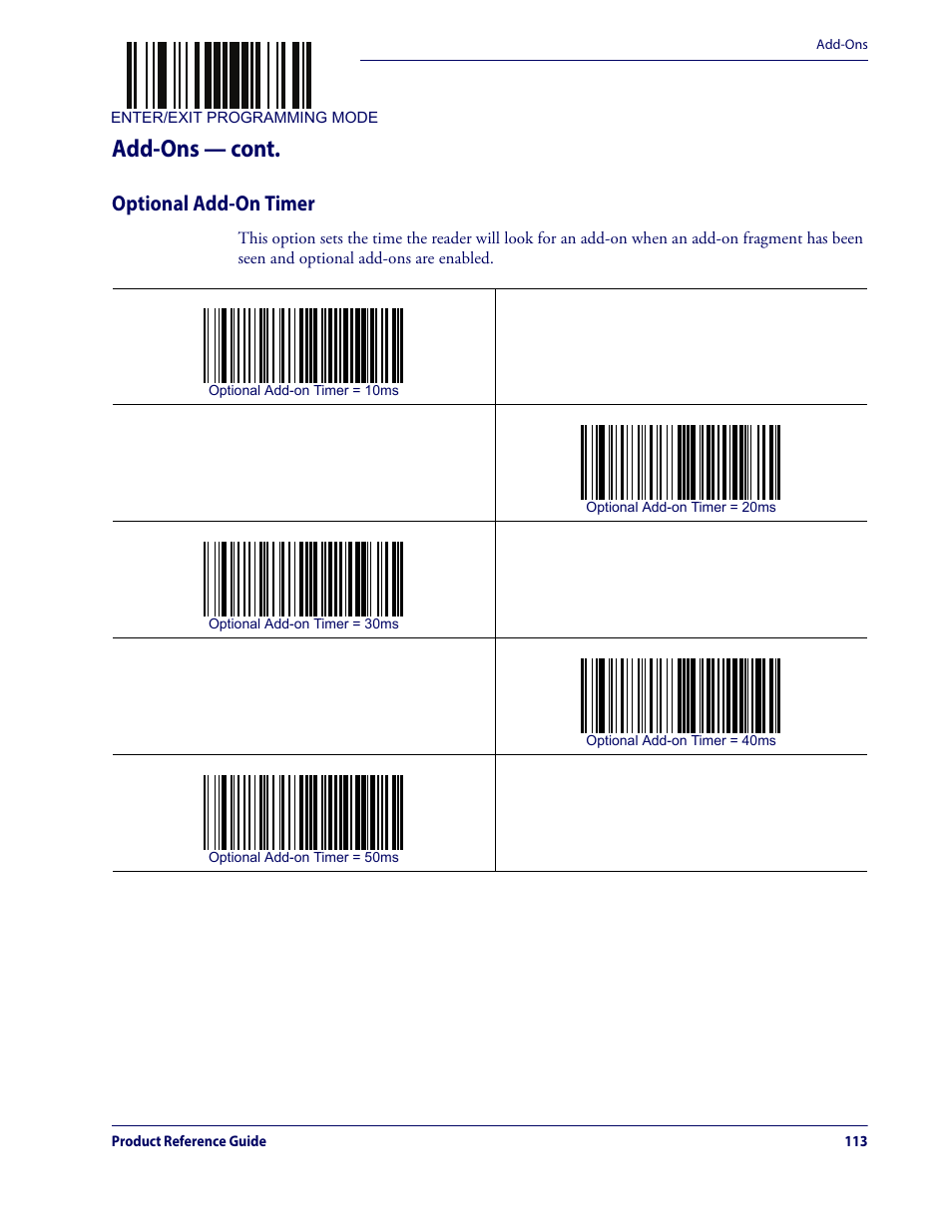 Optional add-on timer, Add-ons — cont | Datalogic QuickScan Lite QW2100 User Manual | Page 123 / 324