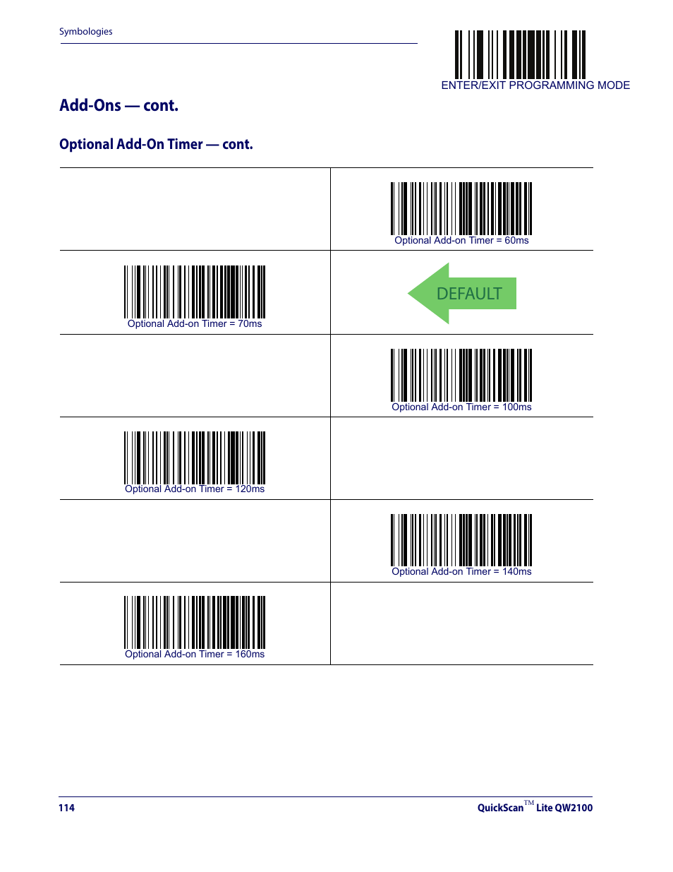 Default, Add-ons — cont, Optional add-on timer — cont | Datalogic QuickScan Lite QW2100 User Manual | Page 124 / 324
