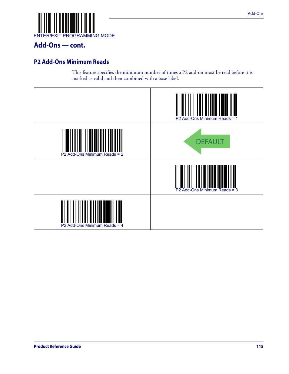 P2 add-ons minimum reads, Default, Add-ons — cont | Datalogic QuickScan Lite QW2100 User Manual | Page 125 / 324