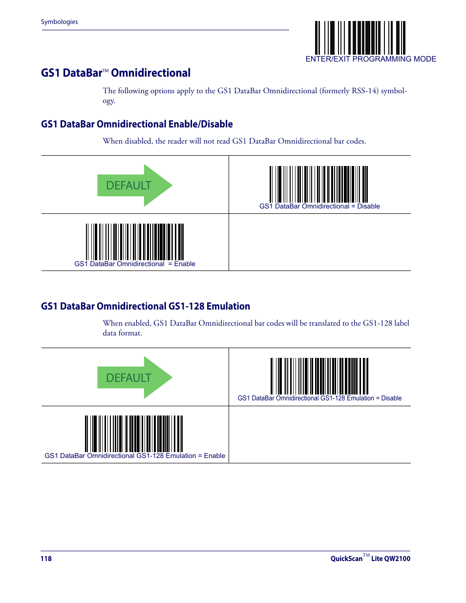 Gs1 databar, Gs1 databartm omnidirectional, Default | Omnidirectional, Gs1 databar omnidirectional enable/disable | Datalogic QuickScan Lite QW2100 User Manual | Page 128 / 324