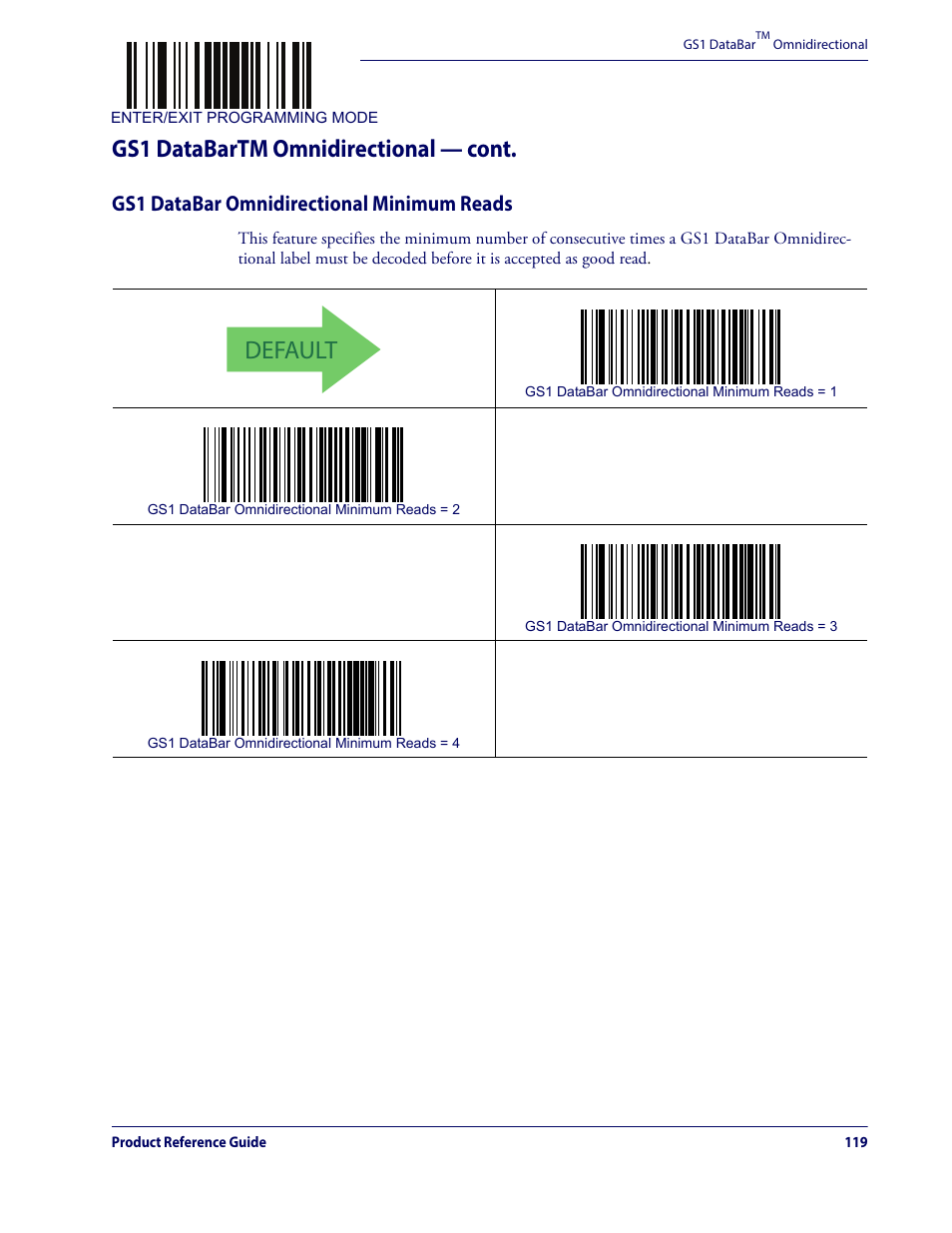 Gs1 databar omnidirectional minimum reads, Default, Gs1 databartm omnidirectional — cont | Datalogic QuickScan Lite QW2100 User Manual | Page 129 / 324